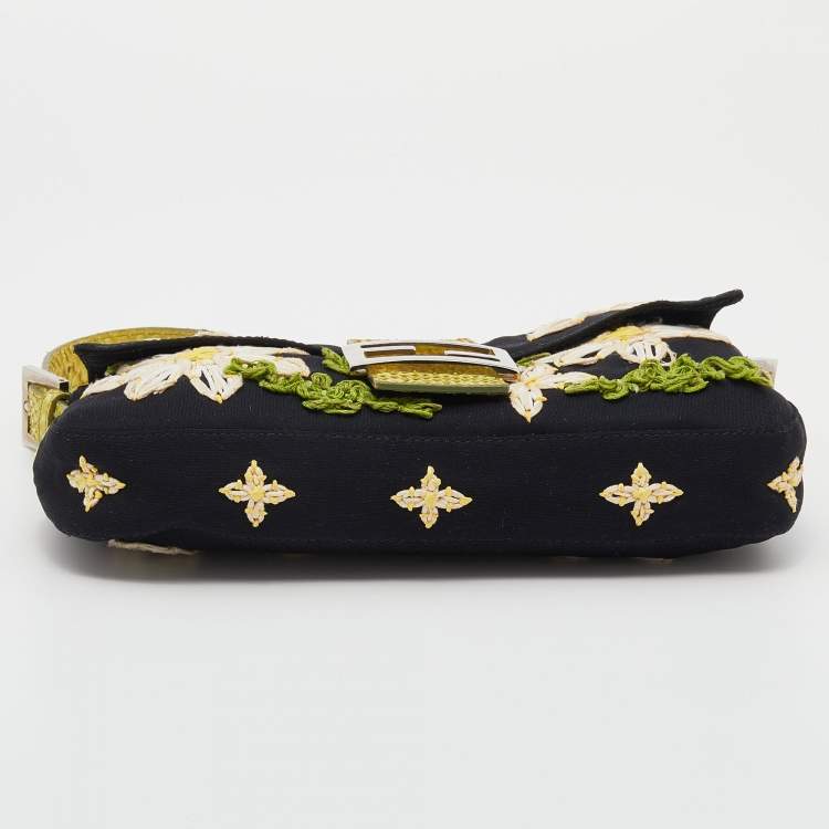 Pre Owned Fendi Black/Lime Green Fabric And Python Floral Appliqué Baguette