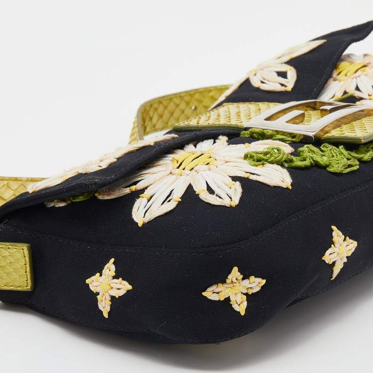 Pre Owned Fendi Black/Lime Green Fabric And Python Floral Appliqué Baguette