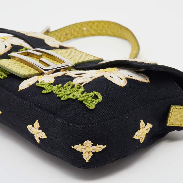 Pre Owned Fendi Black/Lime Green Fabric And Python Floral Appliqué Baguette