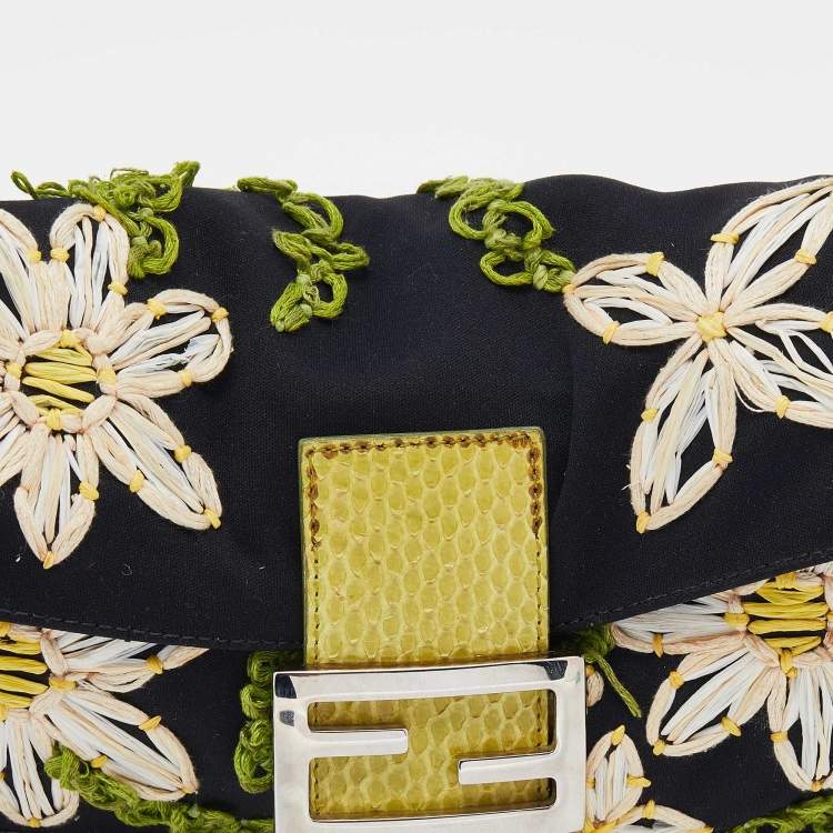Pre Owned Fendi Black/Lime Green Fabric And Python Floral Appliqué Baguette