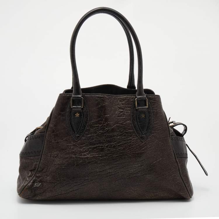 Pre Owned Fendi Brown/Gold Glitter Leather Medium Du Jour Satchel
