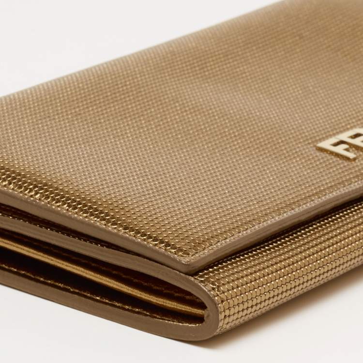 Pre Owned Fendi Metallic Bronze Leather Flap Continental Wallet