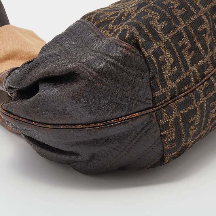 Pre Owned Fendi Tobacco Zucca Canvas And Ostrich Spy Hobo