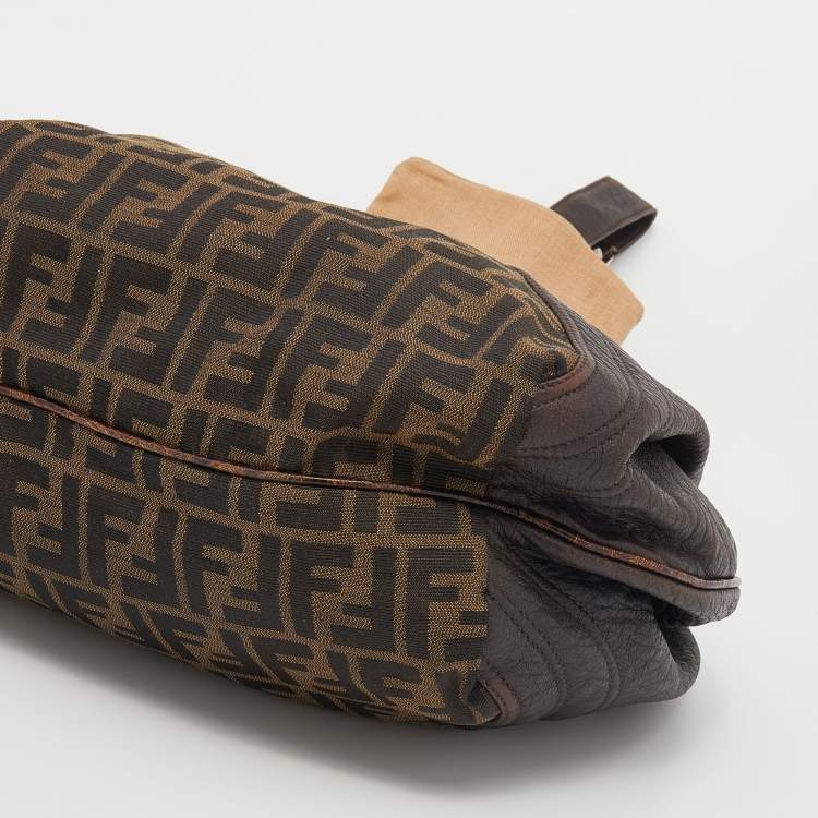 Pre Owned Fendi Tobacco Zucca Canvas And Ostrich Spy Hobo