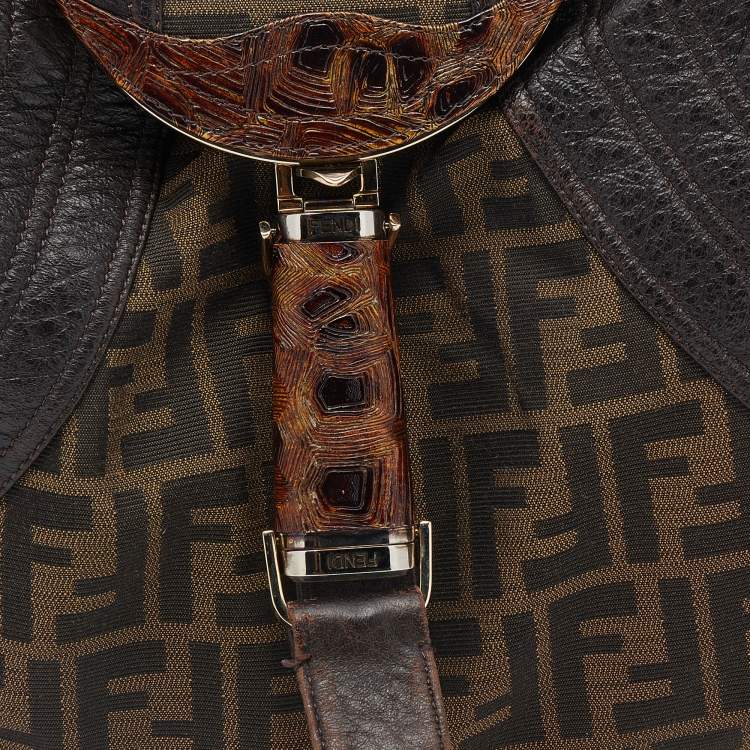 Pre Owned Fendi Tobacco Zucca Canvas And Ostrich Spy Hobo