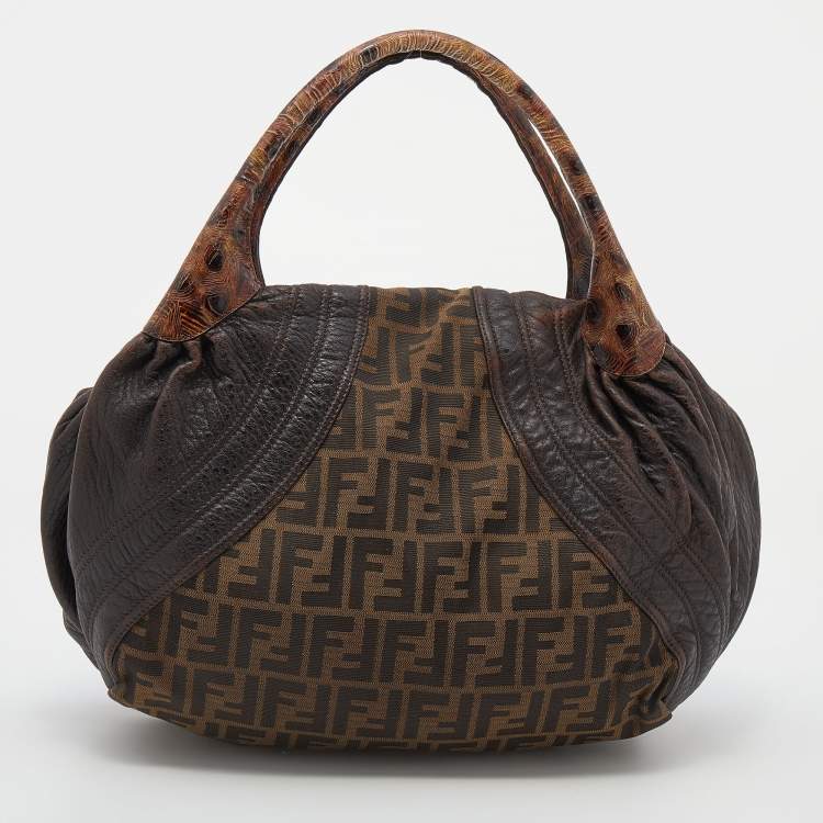 Pre Owned Fendi Tobacco Zucca Canvas And Ostrich Spy Hobo