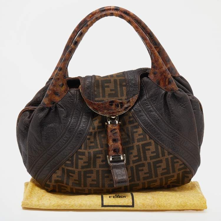 Pre Owned Fendi Tobacco Zucca Canvas And Ostrich Spy Hobo