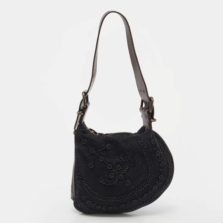 Pre Owned Fendi Black/Brown Canvas and Leather Beaded Oyster Hobo