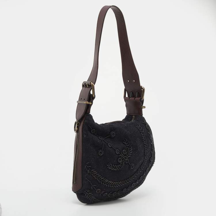 Pre Owned Fendi Black/Brown Canvas and Leather Beaded Oyster Hobo