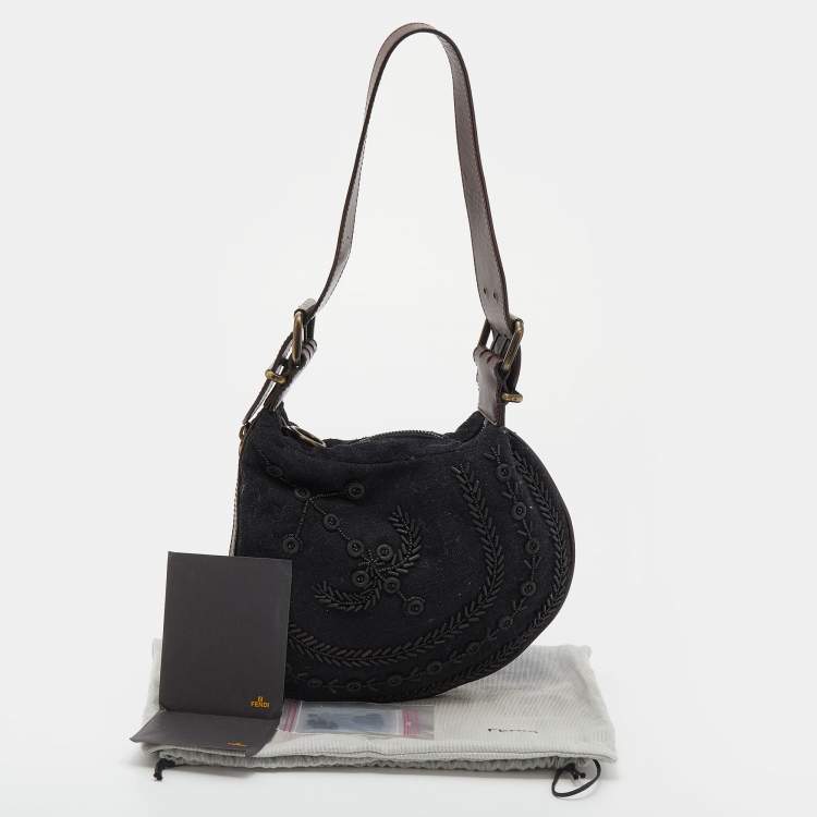 Pre Owned Fendi Black/Brown Canvas and Leather Beaded Oyster Hobo