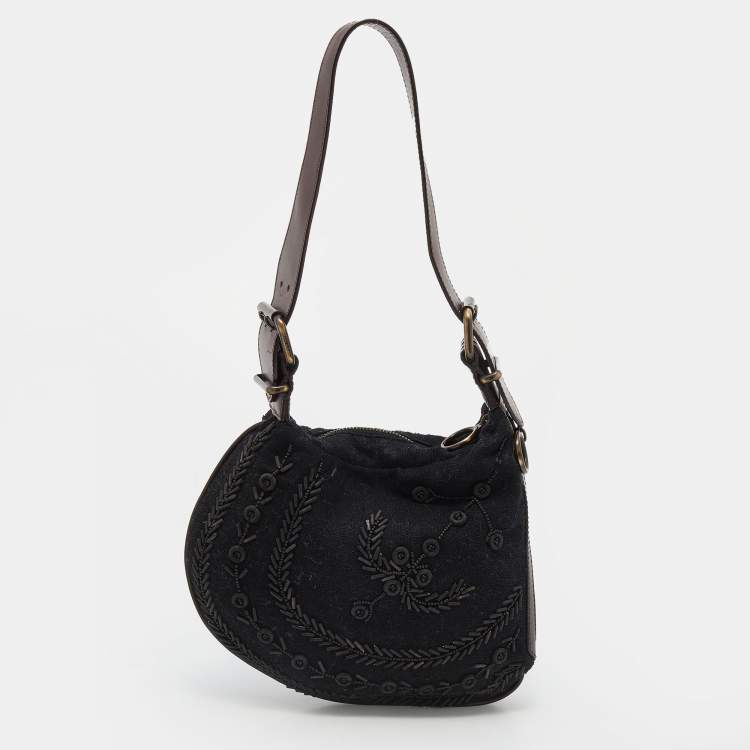 Pre Owned Fendi Black/Brown Canvas and Leather Beaded Oyster Hobo