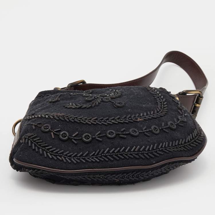 Pre Owned Fendi Black/Brown Canvas and Leather Beaded Oyster Hobo