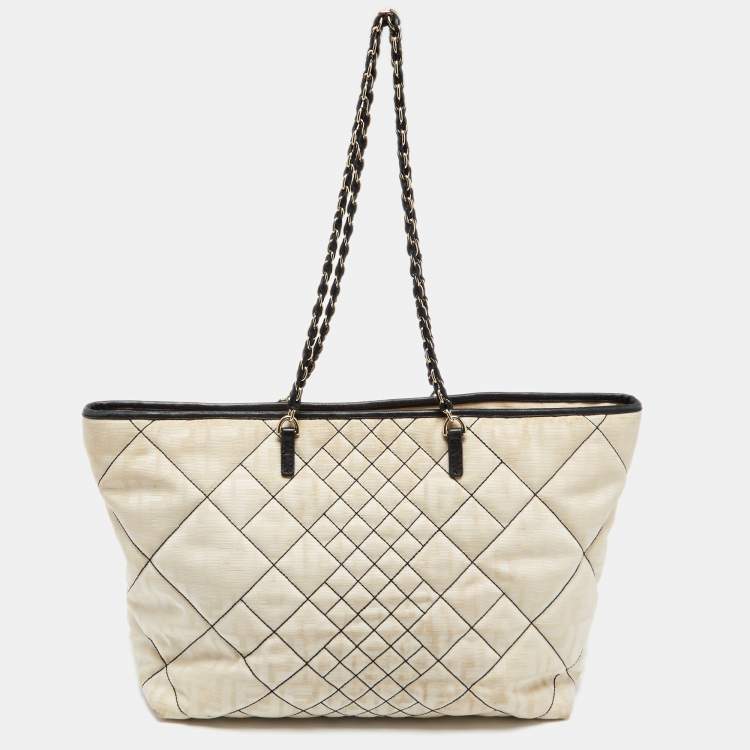 Pre Owned Fendi Cream/Black Zucca Quilted Canvas And Leather Roll Shopper Tote