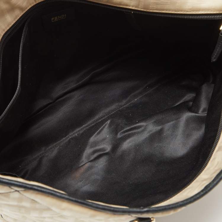 Pre Owned Fendi Cream/Black Zucca Quilted Canvas And Leather Roll Shopper Tote