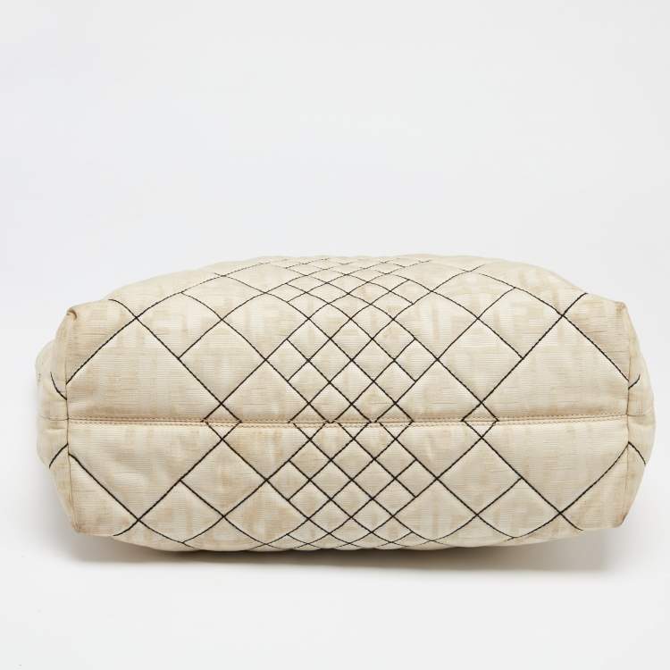 Pre Owned Fendi Cream/Black Zucca Quilted Canvas And Leather Roll Shopper Tote