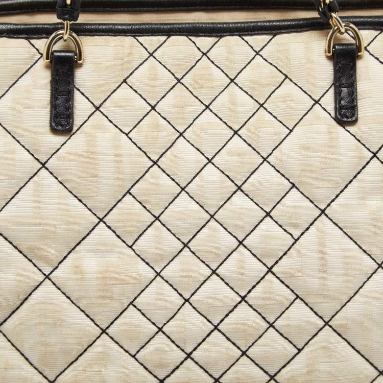 Pre Owned Fendi Cream/Black Zucca Quilted Canvas And Leather Roll Shopper Tote
