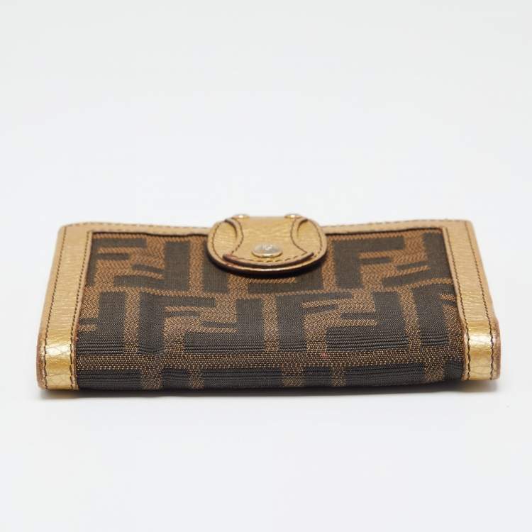 Pre Owned Fendi Tobacco/Gold Zucca Canvas and Leather French Compact Wallet