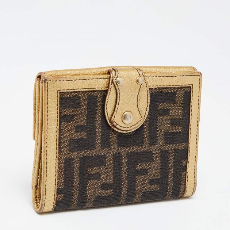 Pre Owned Fendi Tobacco/Gold Zucca Canvas and Leather French Compact Wallet