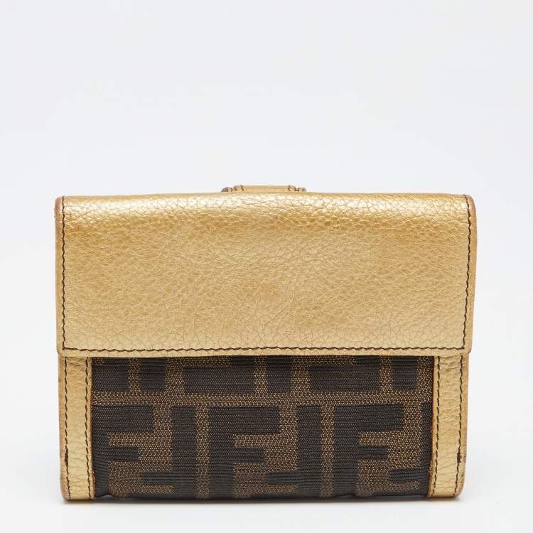 Pre Owned Fendi Tobacco/Gold Zucca Canvas and Leather French Compact Wallet