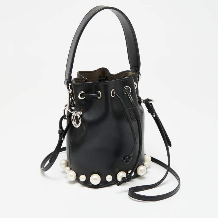 Pre Owned Fendi Black Leather Pearl Embellished Mini Mon Tresor Bucket Bag