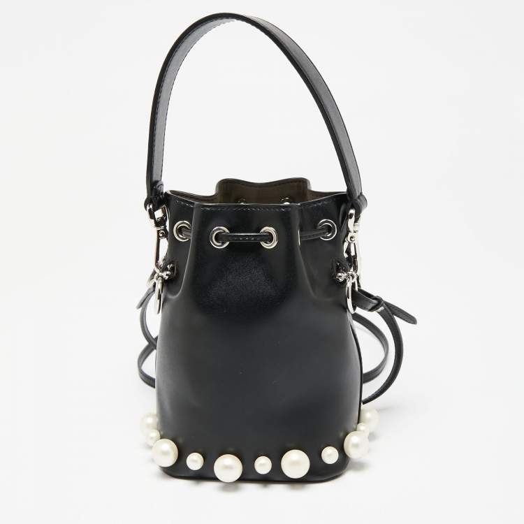 Pre Owned Fendi Black Leather Pearl Embellished Mini Mon Tresor Bucket Bag