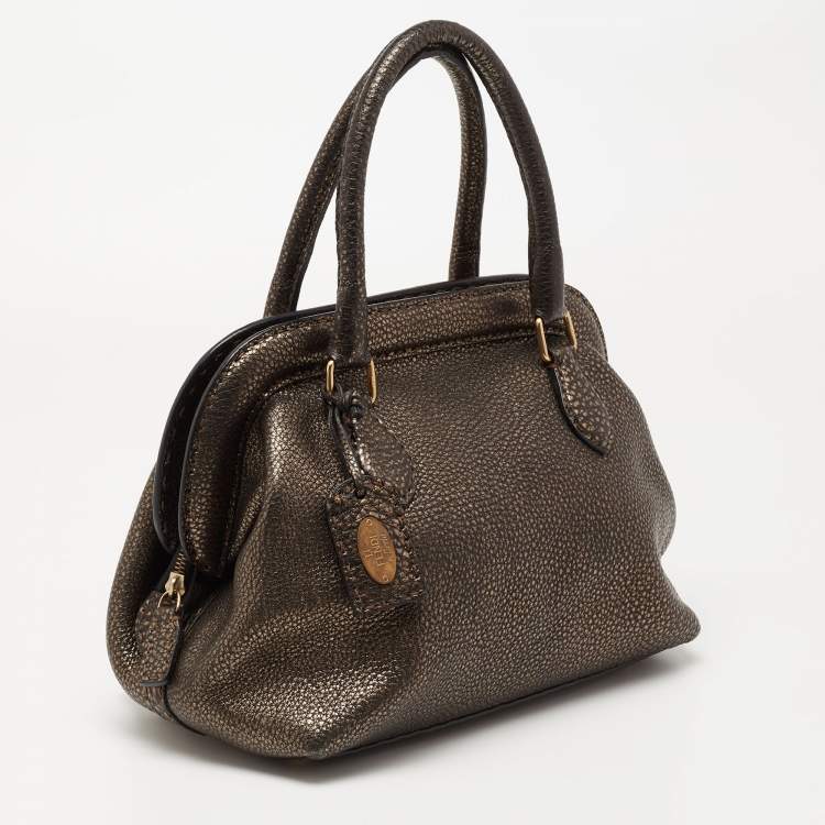 Pre Owned Fendi Black/Metallic Bronze Leather Selleria Satchel