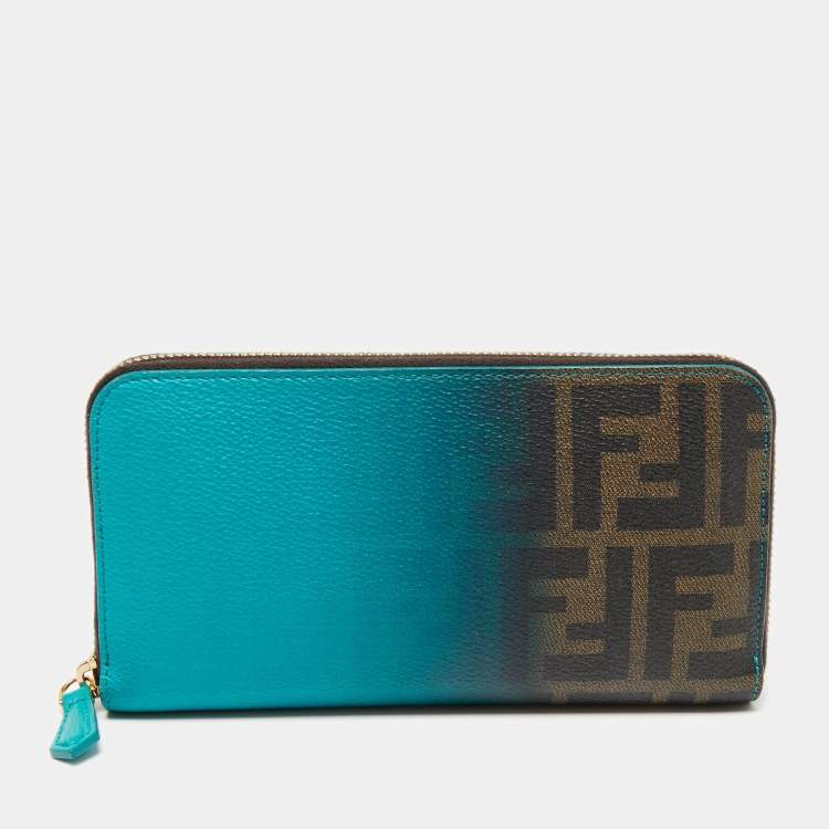 Pre Owned Fendi Green Ombre Zucca Coated Canvas Zip Around Wallet