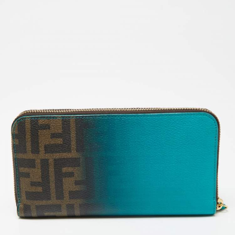 Pre Owned Fendi Green Ombre Zucca Coated Canvas Zip Around Wallet