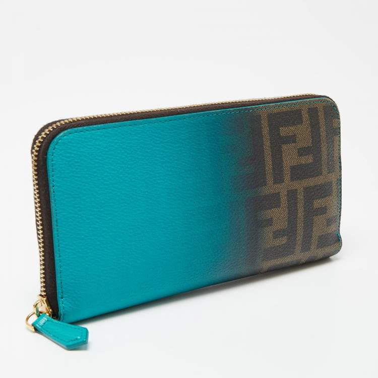 Pre Owned Fendi Green Ombre Zucca Coated Canvas Zip Around Wallet