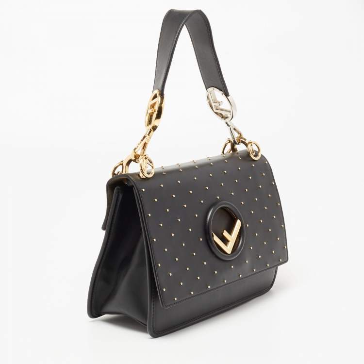 Pre Owned Fendi Black Studded Leather Kan I F Top Handle Bag