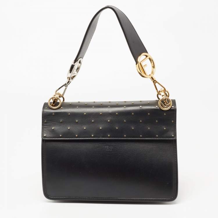 Pre Owned Fendi Black Studded Leather Kan I F Top Handle Bag