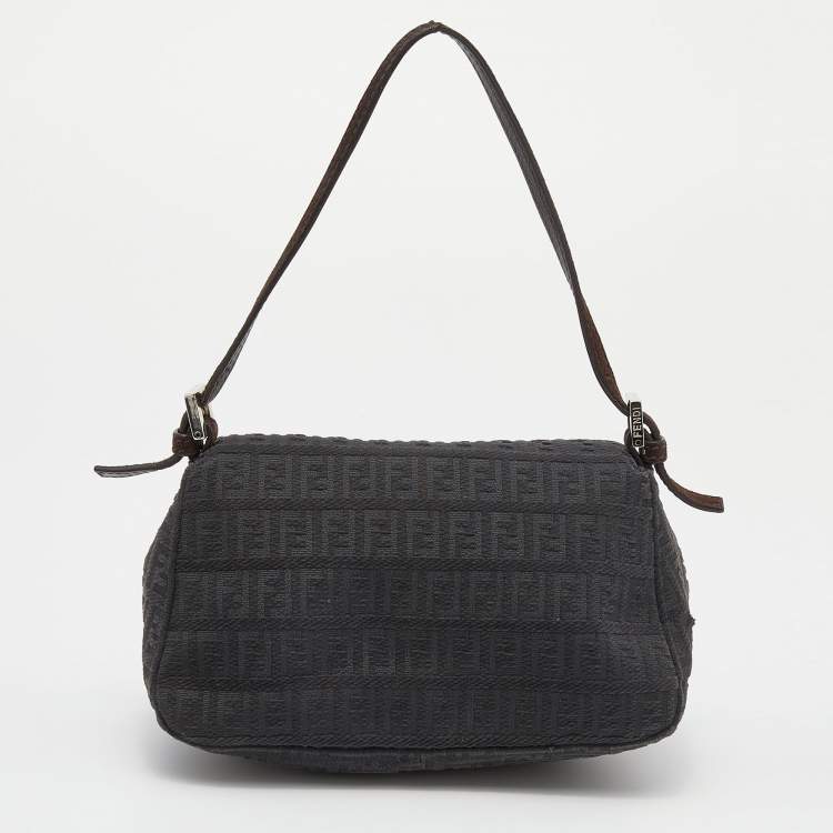 Pre Owned Fendi Dark Grey/Brown Zucchino Canvas and Suede Baguette Bag