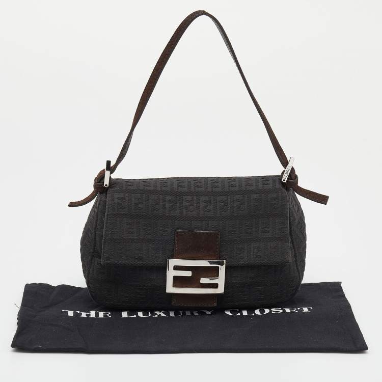 Pre Owned Fendi Dark Grey/Brown Zucchino Canvas and Suede Baguette Bag