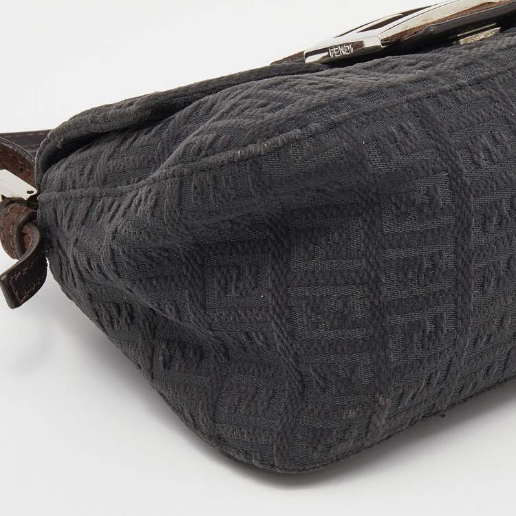 Pre Owned Fendi Dark Grey/Brown Zucchino Canvas and Suede Baguette Bag