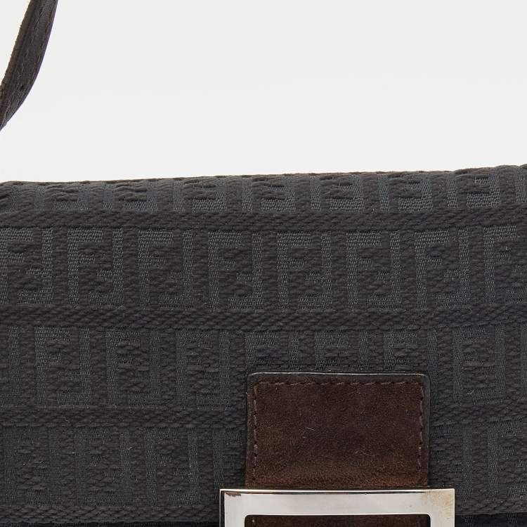 Pre Owned Fendi Dark Grey/Brown Zucchino Canvas and Suede Baguette Bag