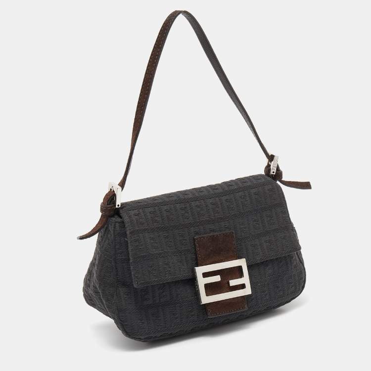 Pre Owned Fendi Dark Grey/Brown Zucchino Canvas and Suede Baguette Bag