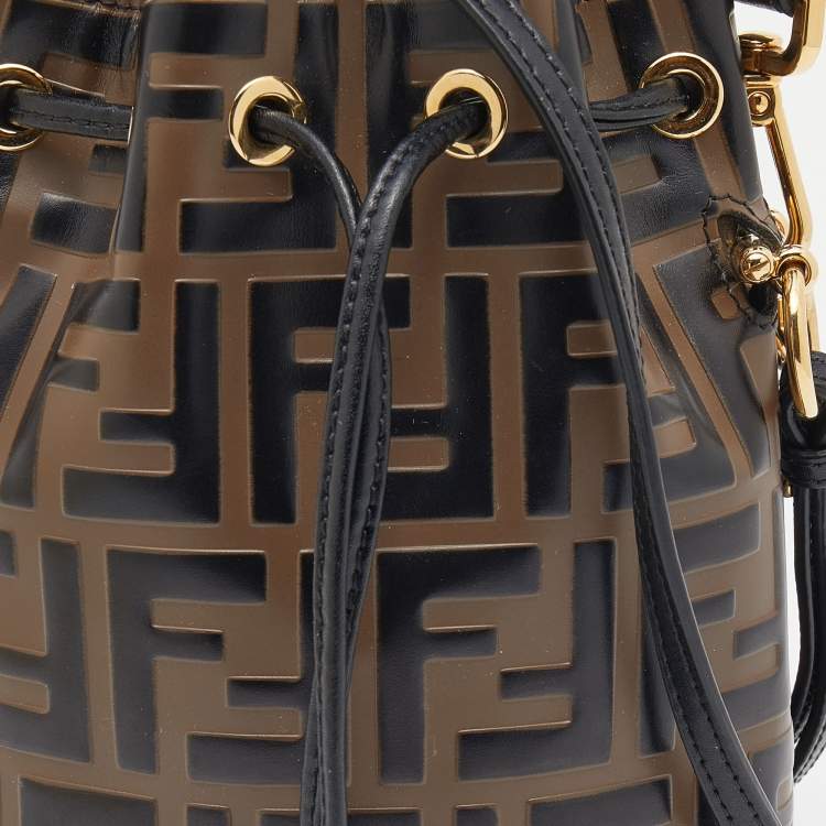 Pre Owned Fendi Brown/Black Zucca Leather Mini Mon Tresor Drawstring Bucket Bag