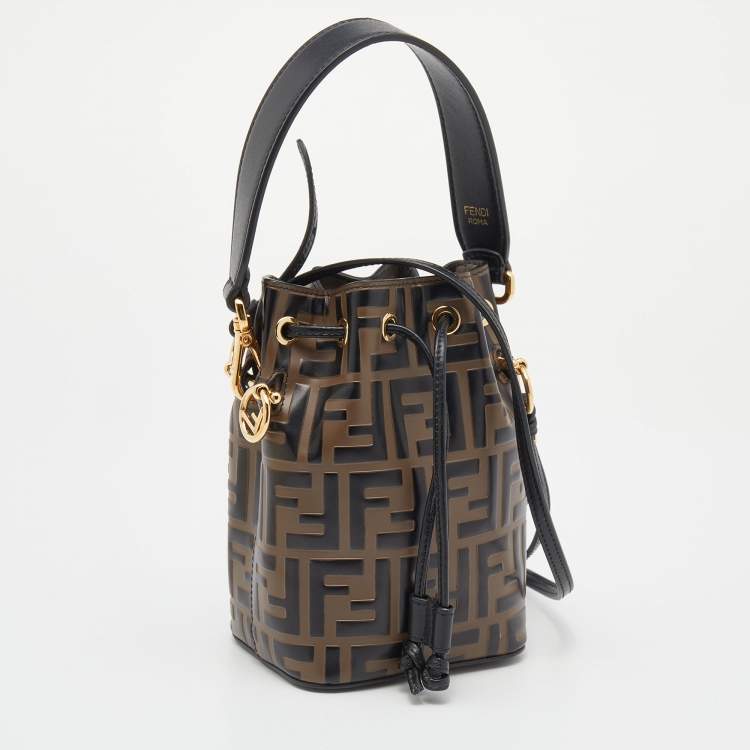 Pre Owned Fendi Brown/Black Zucca Leather Mini Mon Tresor Drawstring Bucket Bag