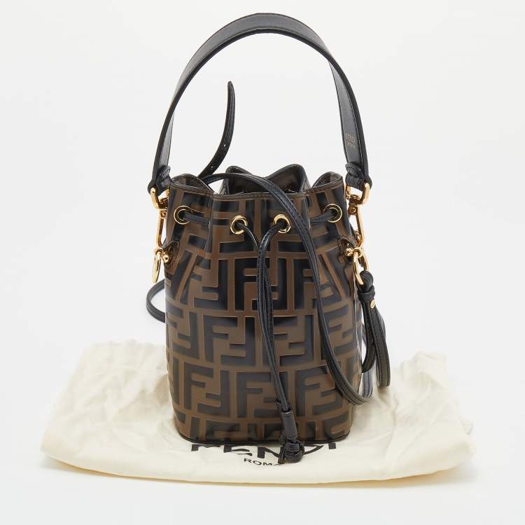 Pre Owned Fendi Brown/Black Zucca Leather Mini Mon Tresor Drawstring Bucket Bag