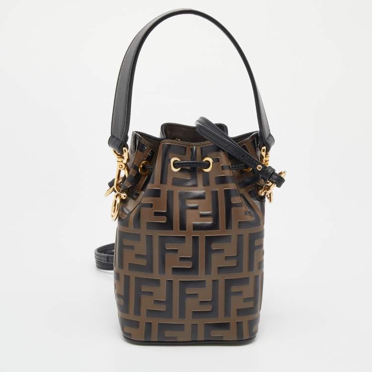 Pre Owned Fendi Brown/Black Zucca Leather Mini Mon Tresor Drawstring Bucket Bag