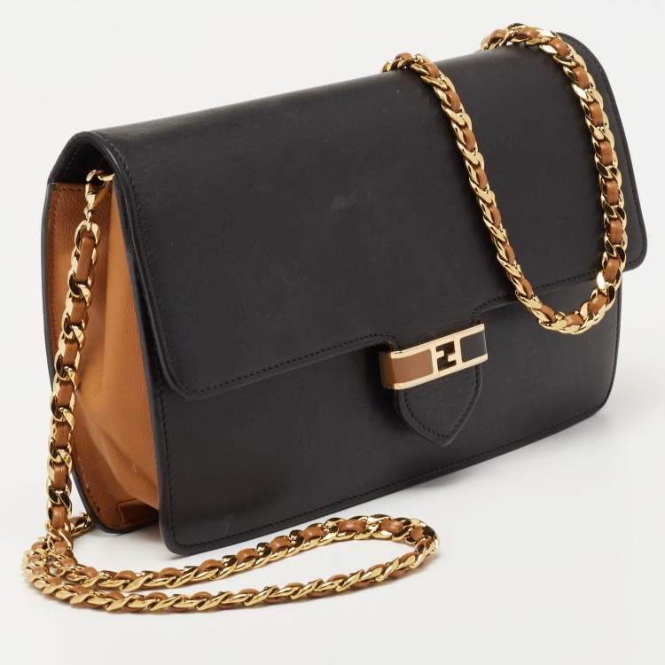 مملوكة مسبقًا Fendi Black/Tan Leather FF Flap Wallet On Chain 