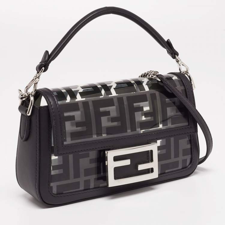 Pre Owned Fendi Black Leather and Zucca PVC Mini Baguette Bag