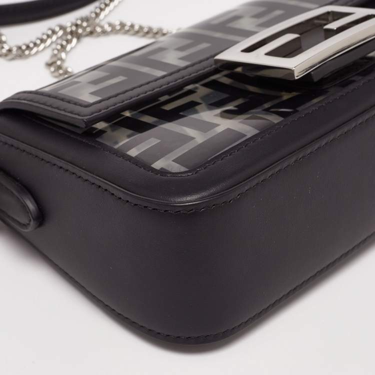 Pre Owned Fendi Black Leather and Zucca PVC Mini Baguette Bag