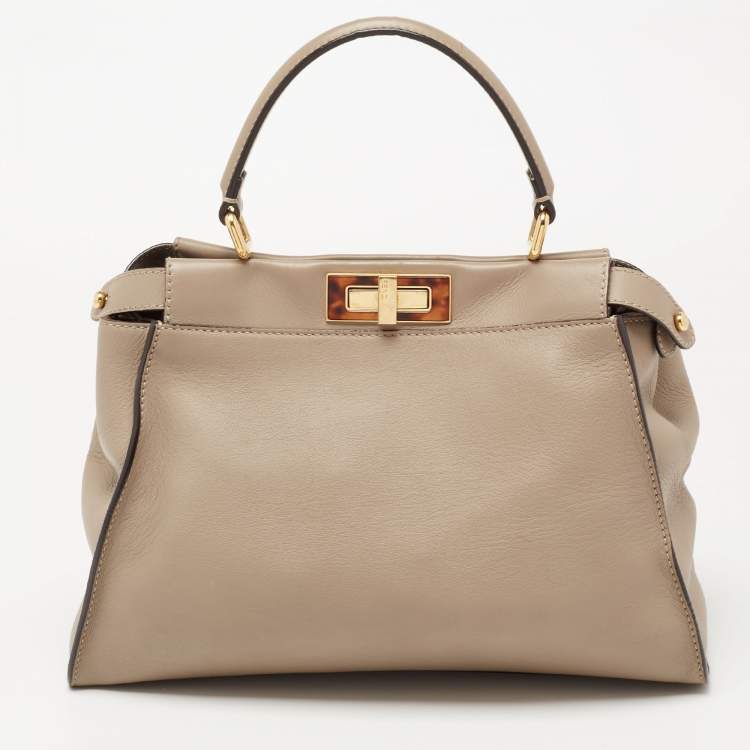 Pre Owned Fendi Beige Leather Medium Peekaboo Top Handle Bag