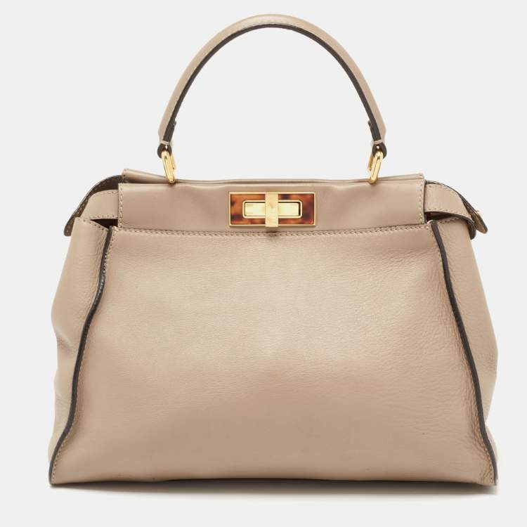 Pre Owned Fendi Beige Leather Medium Peekaboo Top Handle Bag