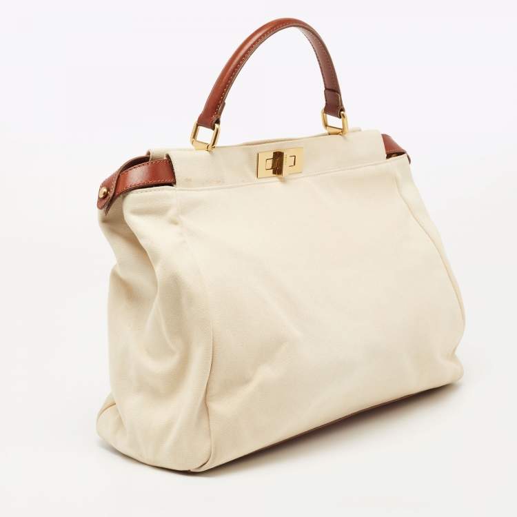 مملوكة مسبقًا Fendi Cream/Brown Canvas and Leather Large Peekaboo Top Handle Bag