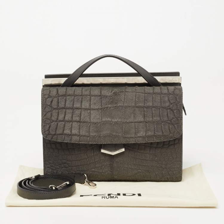 مملوكة مسبقًا Fendi Grey Croc Pattern Pony Hair and Leather Small Demi Jour Top Handle Bag