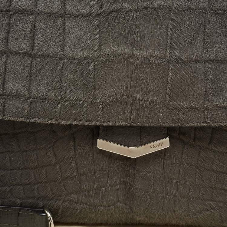 مملوكة مسبقًا Fendi Grey Croc Pattern Pony Hair and Leather Small Demi Jour Top Handle Bag