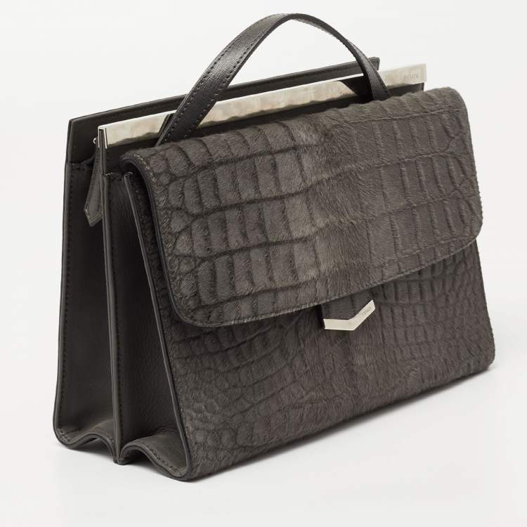 مملوكة مسبقًا Fendi Grey Croc Pattern Pony Hair and Leather Small Demi Jour Top Handle Bag