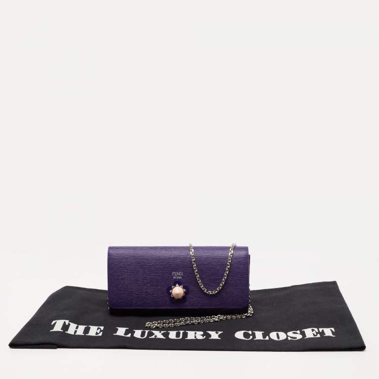 Pre Owned Fendi Purple Leather Flap Wallet On Chain